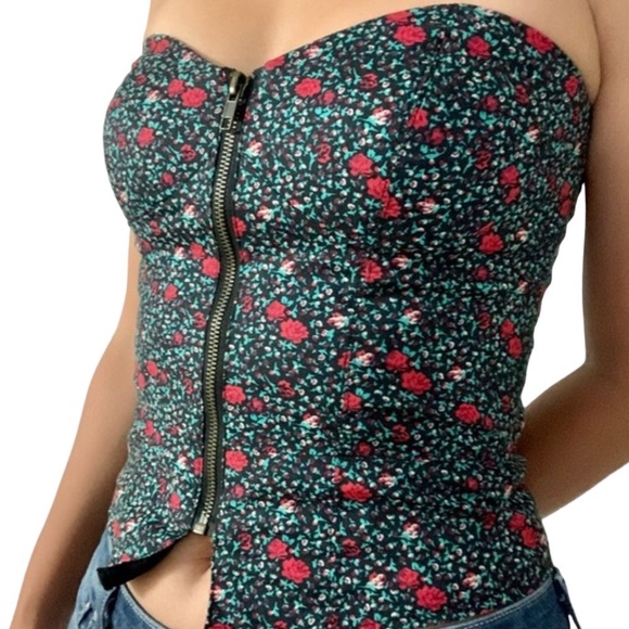 Urban Outfitters Red & Green Floral Front Zip Tuxedo Bustier Strapless Tank Top - Picture 13 of 15